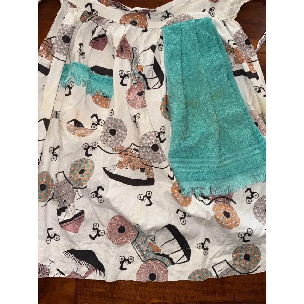 Vintage Apron Set Womens OS Red Teal Fair  Retro Toile Bicycle 2pc
